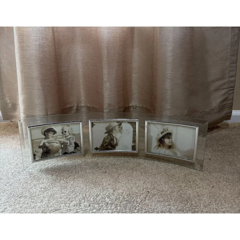 Curved Glass Triple Picture Frame 3 Photo Beveled Silver Desk Mantel Holder Bent